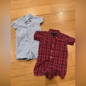 Ralph Lauren Baby 6 Mo Blue Plaid Shortall Outfit Romper Collared Prep Lot Of 2